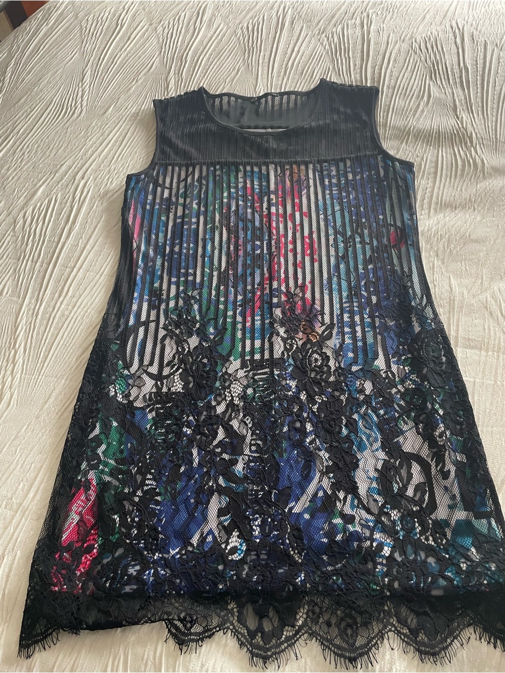 Source Unknown Black Lace Overlay Dress with Colorful Print Lining
